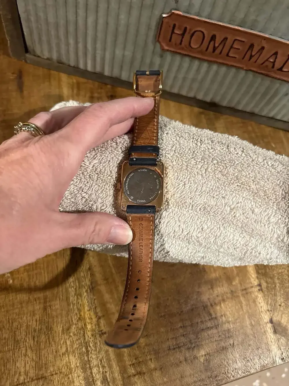 Fossil Raquel Rectangular Rose Gold-Tone Watch with Navy Leather Strap ES4158
